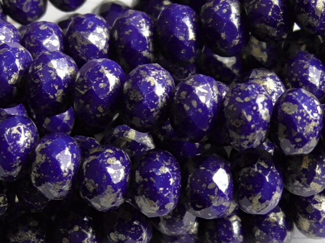 12 – 7x5mm CZECH INDIGO BLUE METALLIC GOLD SPECKLED FACETED FP RONDELLE BEADS