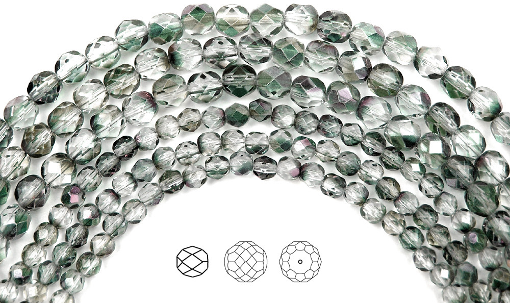Czech Fire Polished Round Faceted Beads in Crystal Mint Shimmer coat, 16″ strand