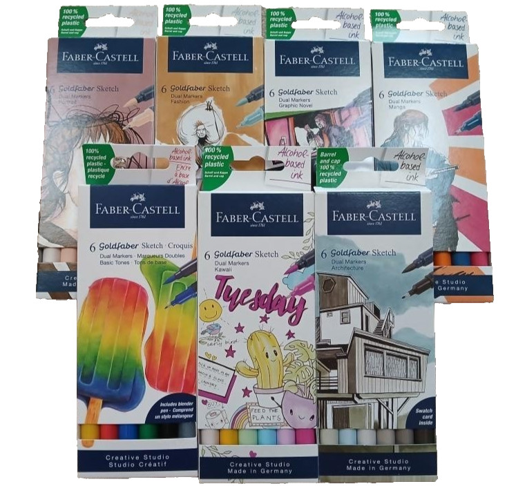 Faber-Castell Goldfaber Dual Tip Sketch Markers 6 pk Brush & Fineliner Tips NEW