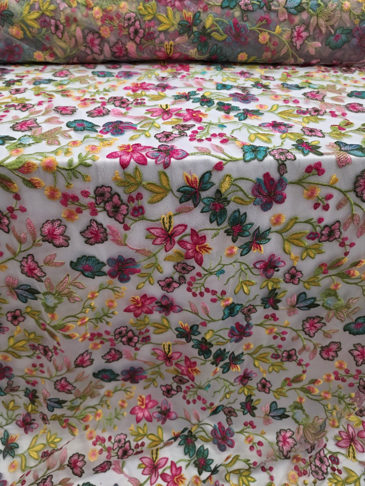 Fabric By The Yard Multicolor Lace Pink Fuchsia Embroidery Flowers On White Mesh