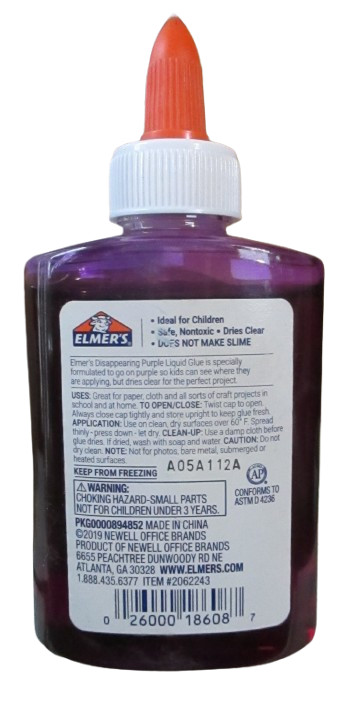 Elmers School Glue (Goes on Purple – Dries Clear) 4 oz 118 mL Washable NonToxic
