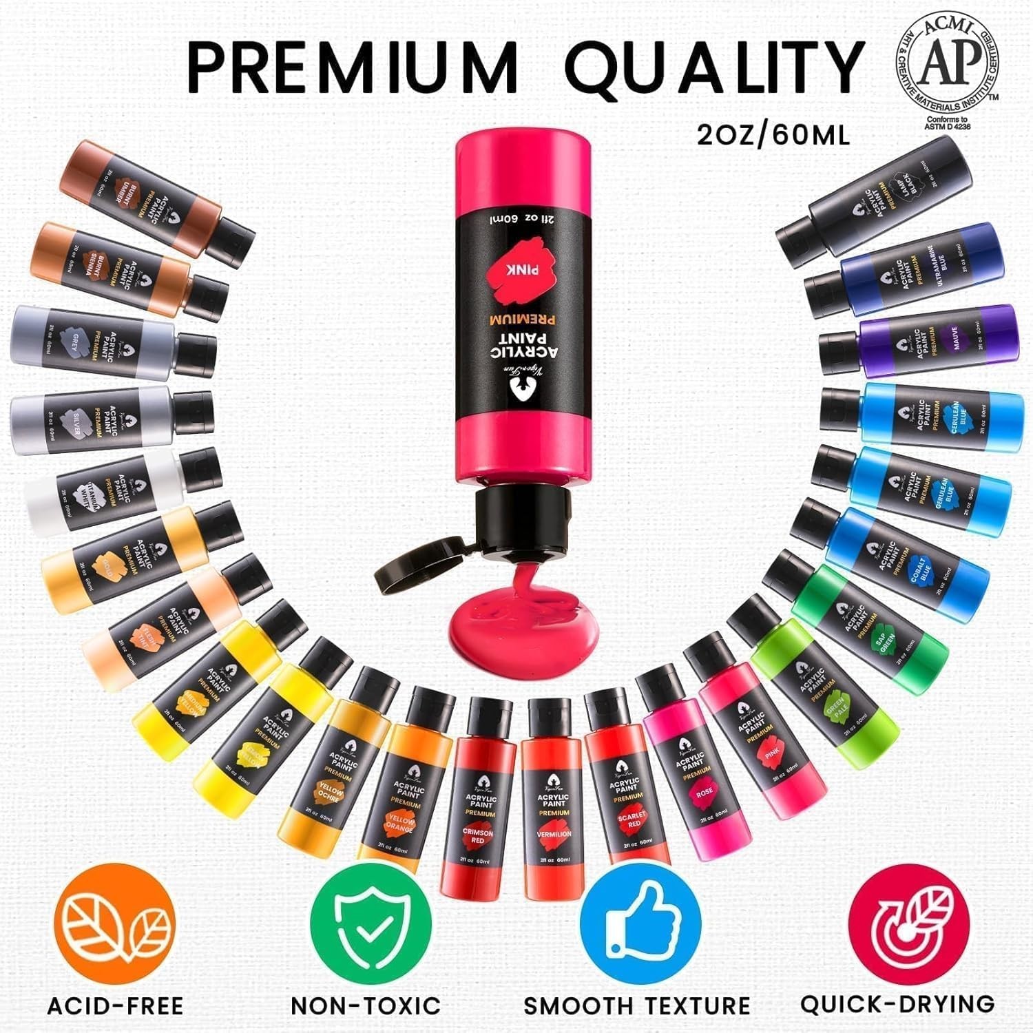 40 PCS Acrylic Paint Set – 24 Colors (2oz/60ml) with Brushes, Knives & Palett…