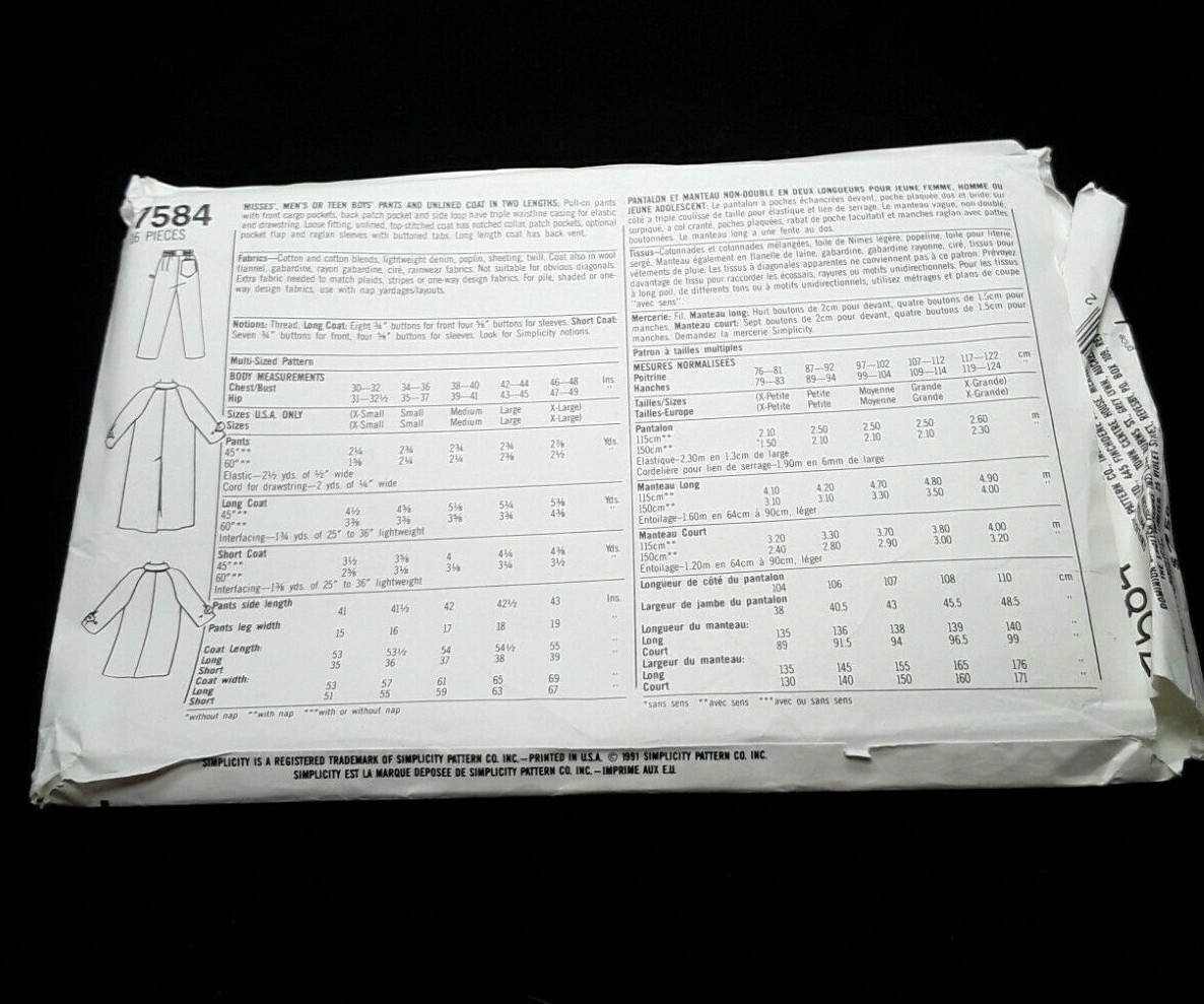 SIMPLICITY UNCUT Pattern 7584 Unisex Adult Teen Size XS-XL Pants Coat Trenchcoat