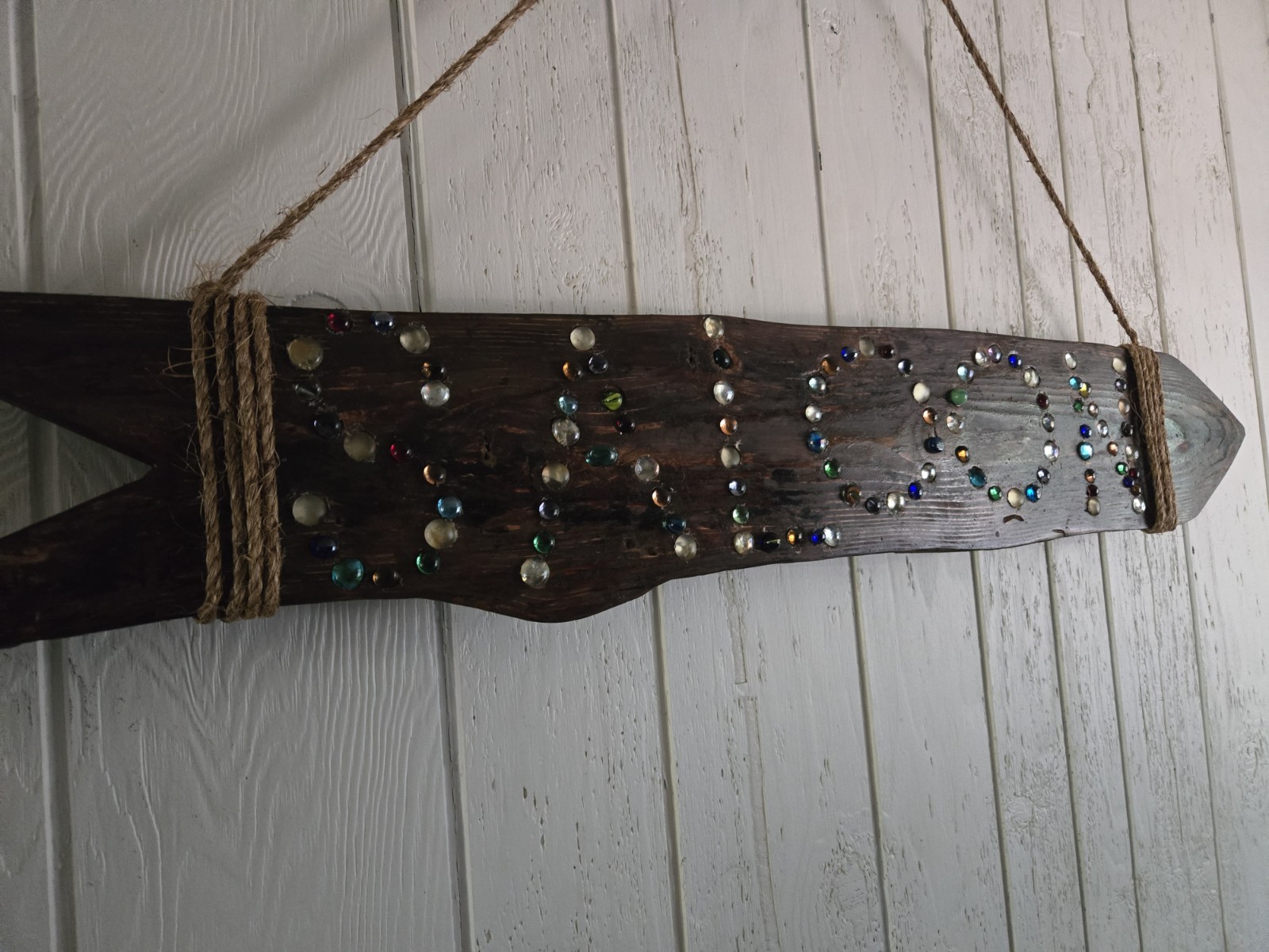 Handcrafted Wooden Arrow Saloon Sign Wall Hanging with Glass, Marbles,