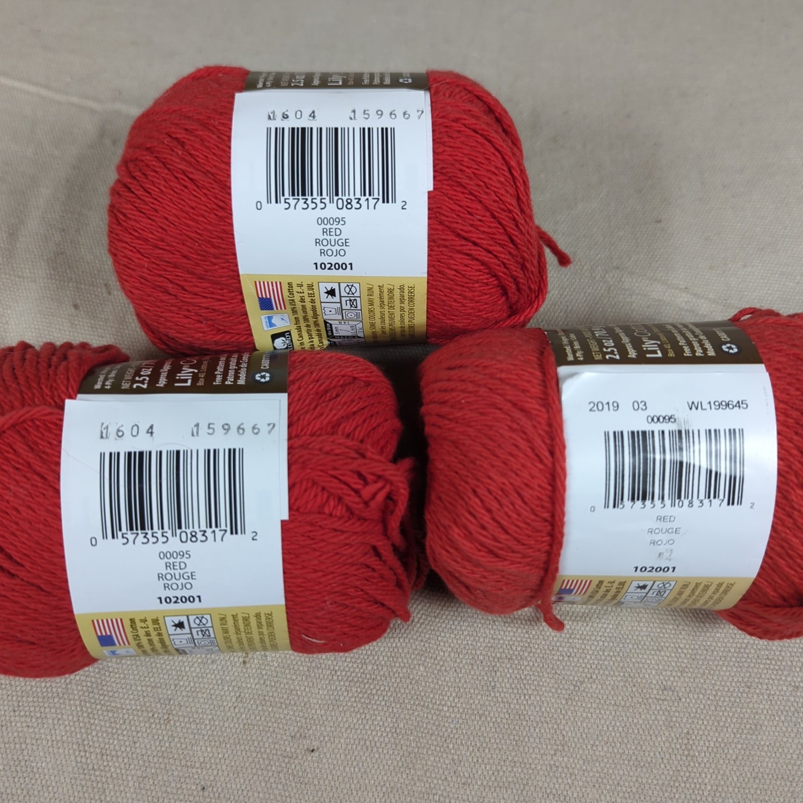 Lily Sugar ‘n Cream Cotton Yarn Red Lot 3 skein 4-ply 2.5oz / 120yds