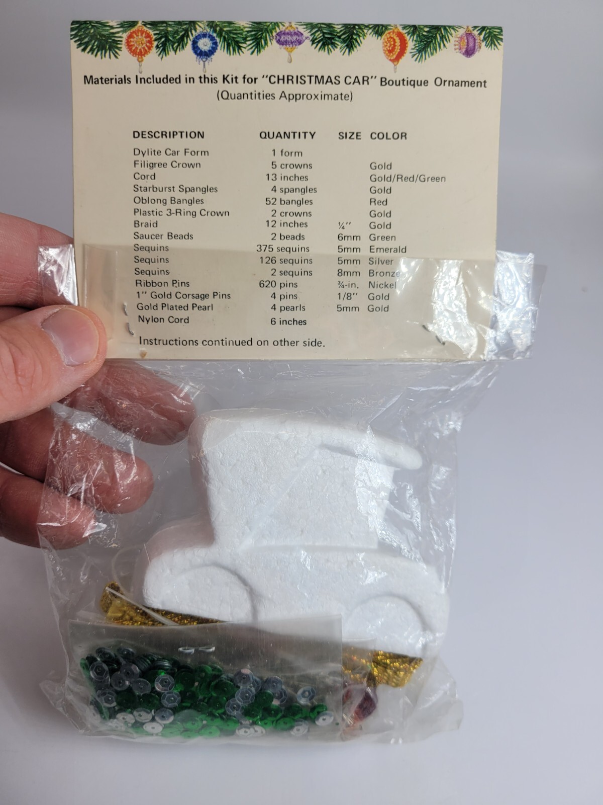 LeeWards CHRISTMAS CAR Auto Vehicle Vtg Sequin Bead Pinning DIY Ornament Kit
