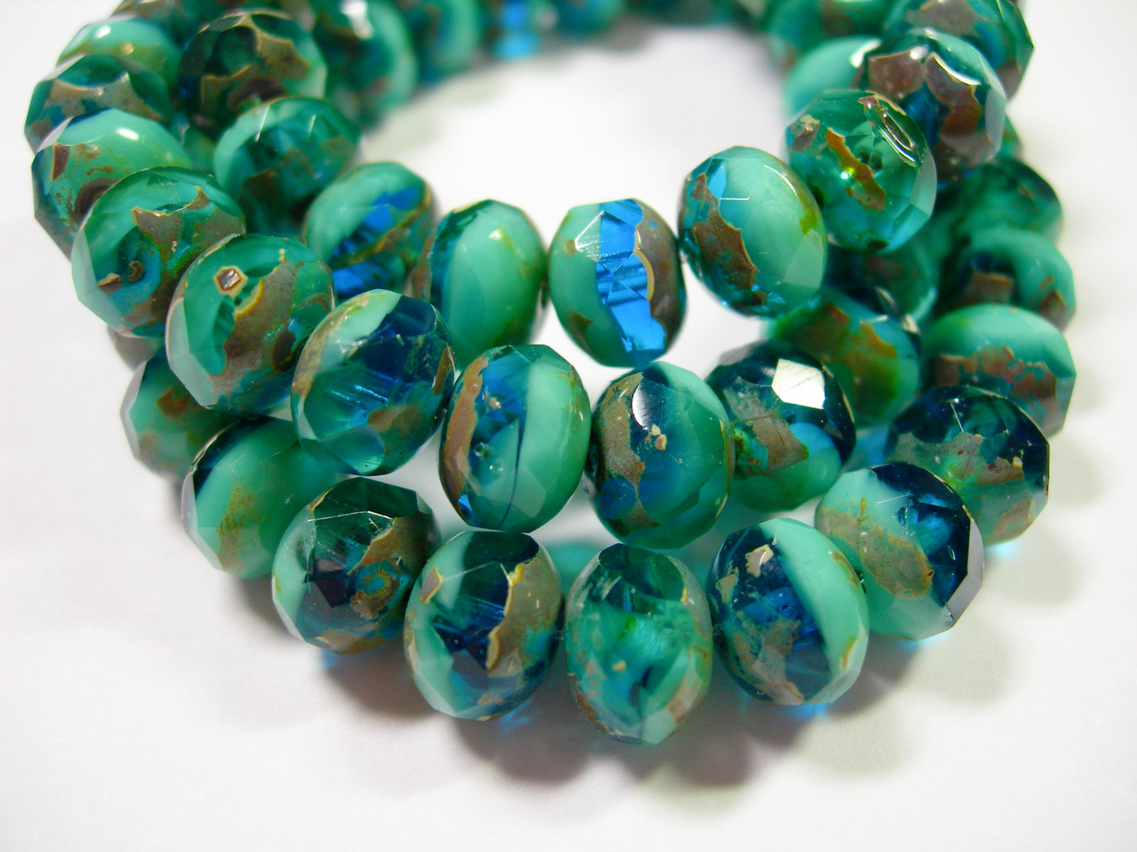 25 8x6mm Capri Blue / Turquoise Picasso Czech Fire polished Rondelle beads