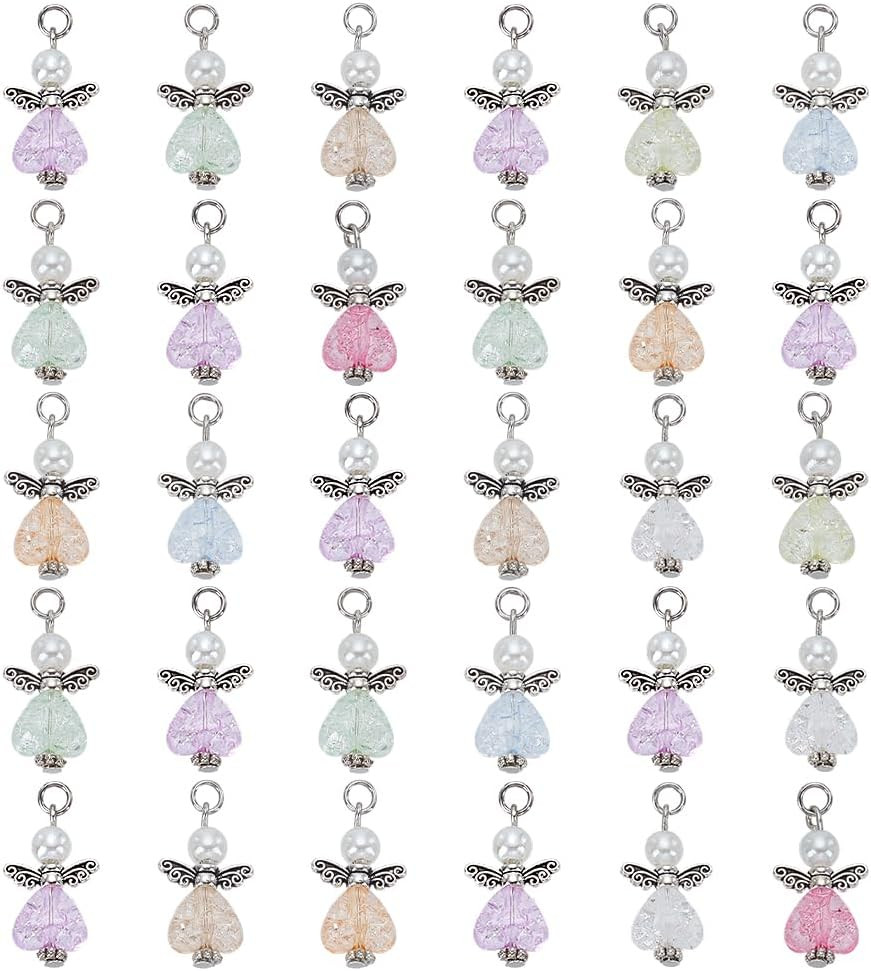 30Pcs Angel Charms, Mixed Angel Wing Pendants Guardian Charms Heart Glass Bead f