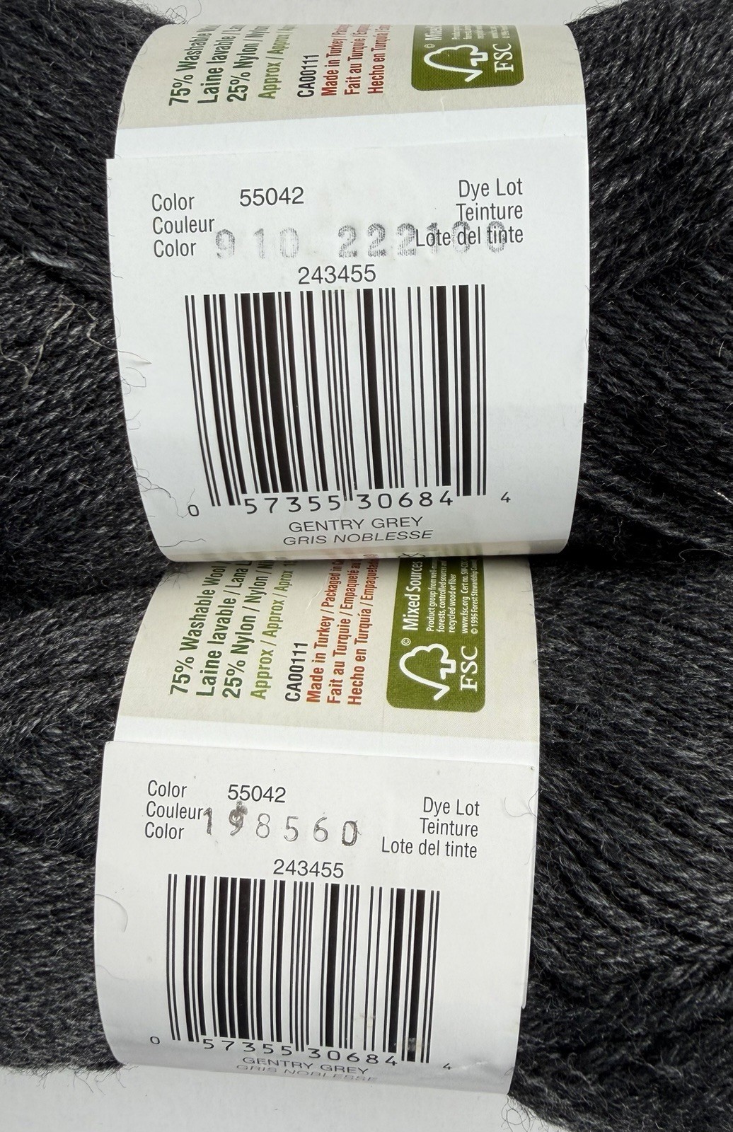 Lot of 2 – Patons Kroy Socks Wool Blend Super Fine Sock Yarn- Gentry Grey