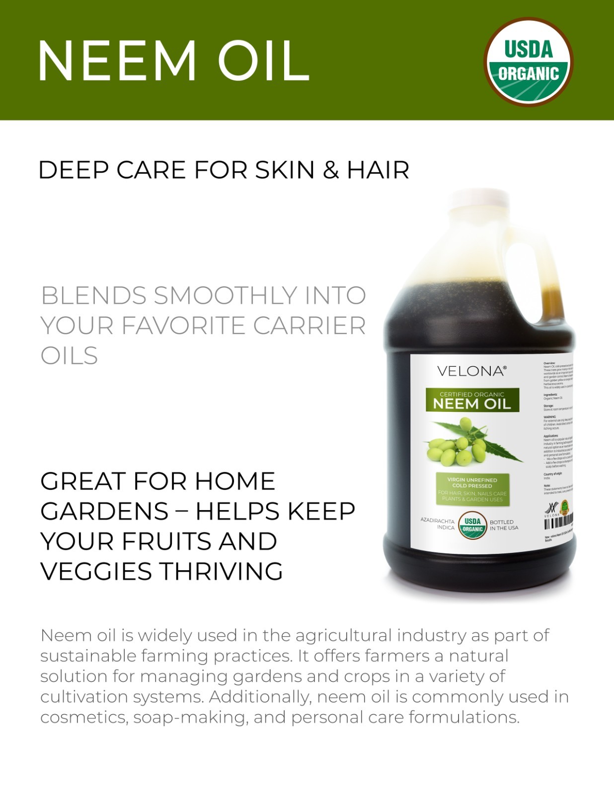 Velona Neem Oil USDA Certified Organic – 64 oz Virgin, Unrefined, Cold Pressed