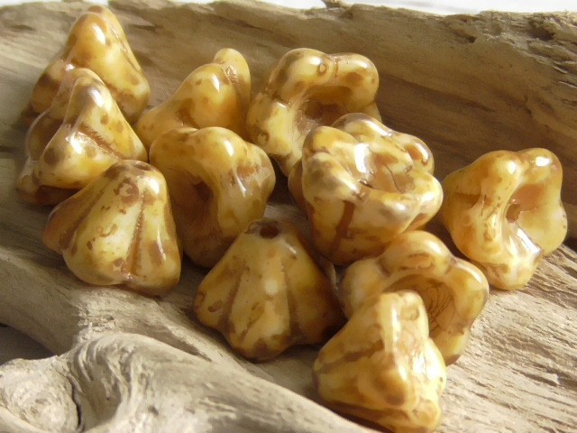 12 – 8x6mm CZECH OPAQUE ALABASTER ORANGE PEBBLE PICASSO 5 PETAL BELL FLOWER BEAD