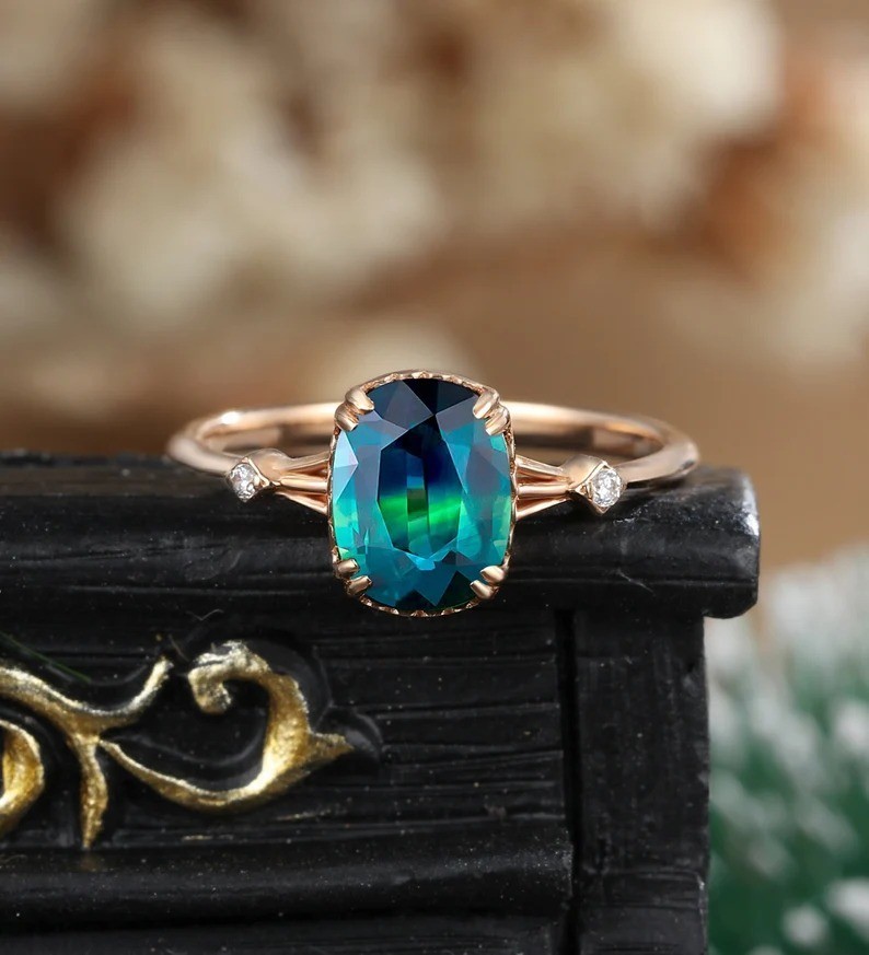 Blue green sapphire engagement ring, Oval peacock sapphire halo diamond ring