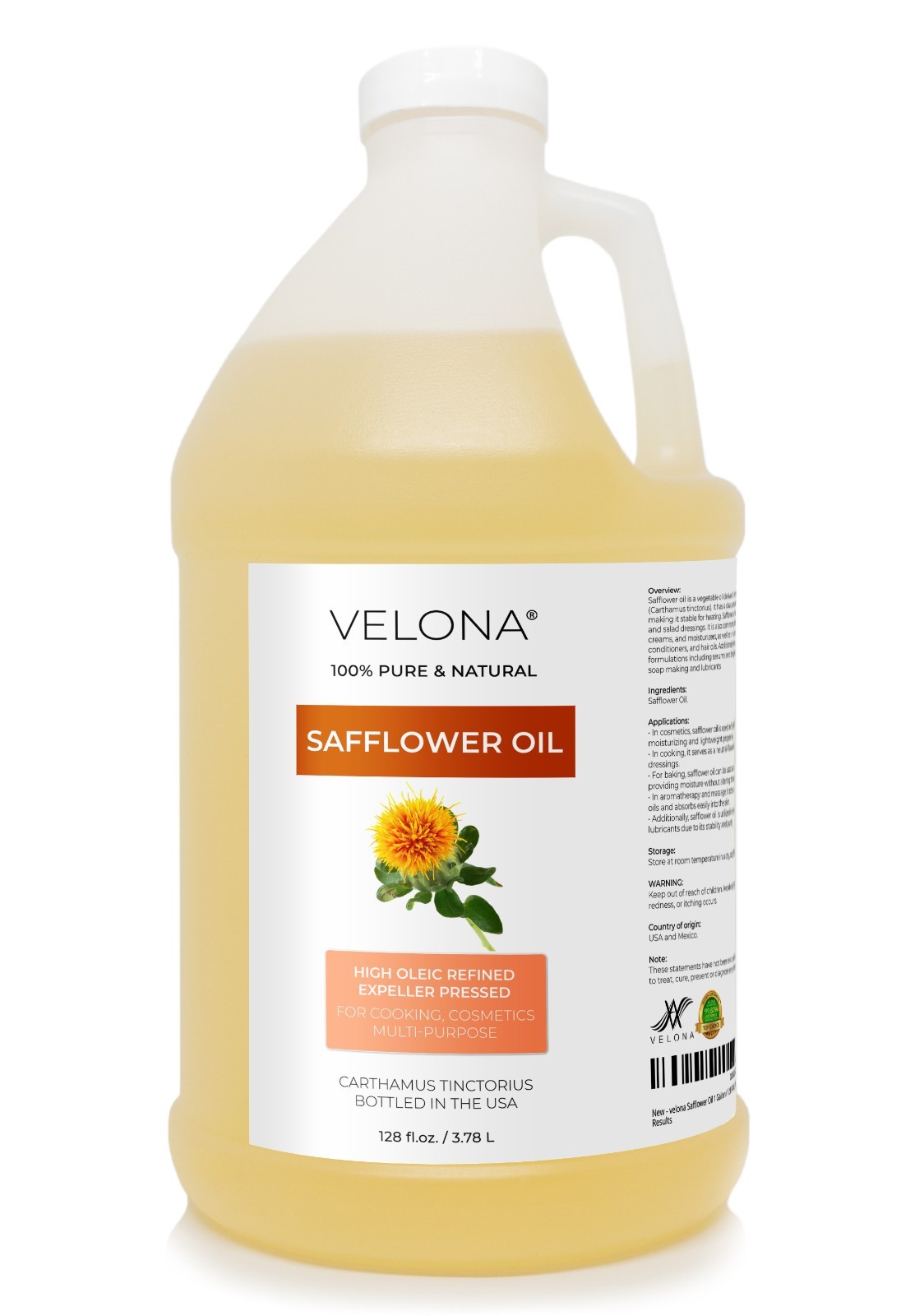 Safflower Oil by Velona 2 Fl Oz-1Gal Refined Expeller pressed Cooking Skin Body