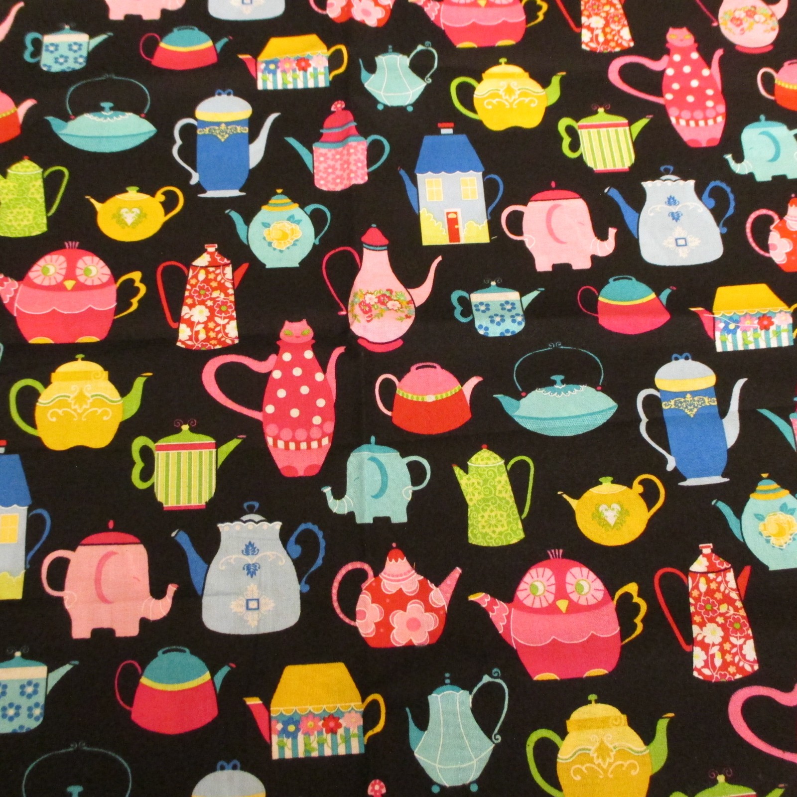 Fabric Traditions Sweeties Animal Tea Pots multicolor On Black 20″ x 42″