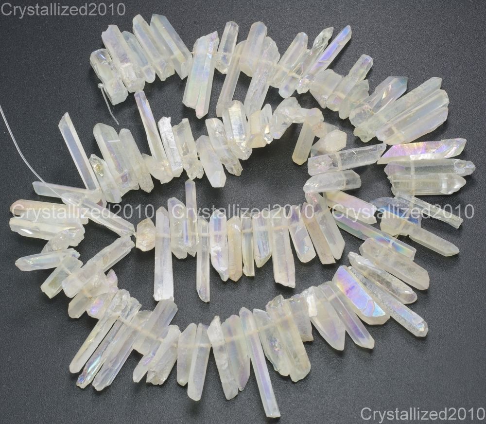 Metallic Titanium Coated Natural Quartz Crystal Stick Spike Pointed Beads 16”