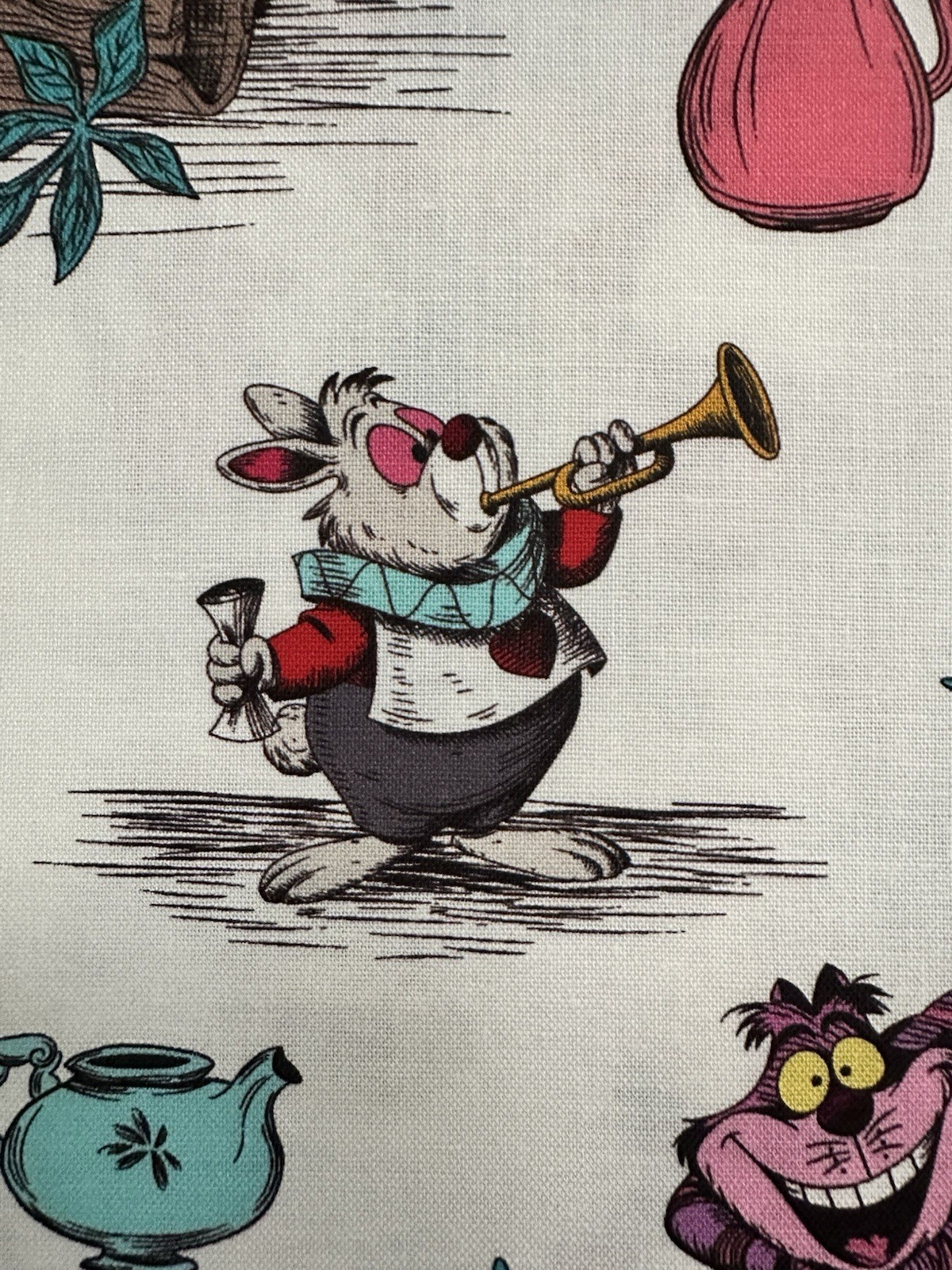 Alice Wonderland White Rabbit Queen/Hearts Mad Hatter Tea Pots Cat 1/3 Y Fabric