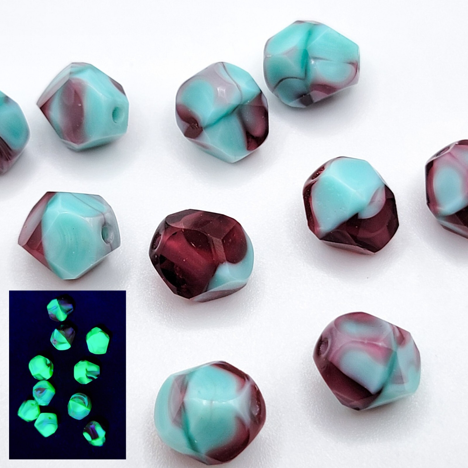 10mm Uranium Glass Beads Cranberry Mint Baroque Beads