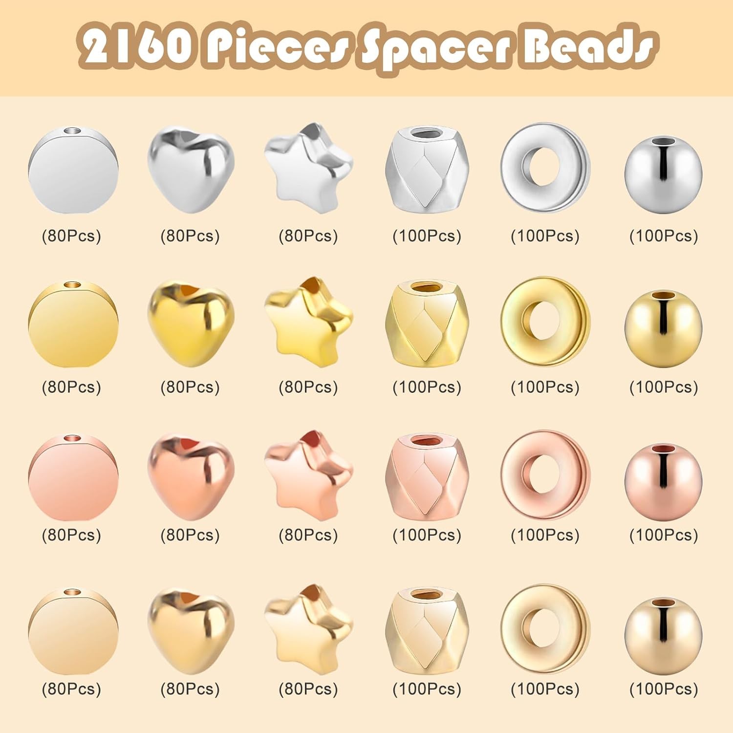 Gold Spacer Beads 2160 Pieces Bracelet Beads for DIY Jewelry Making(Gold, Sliver