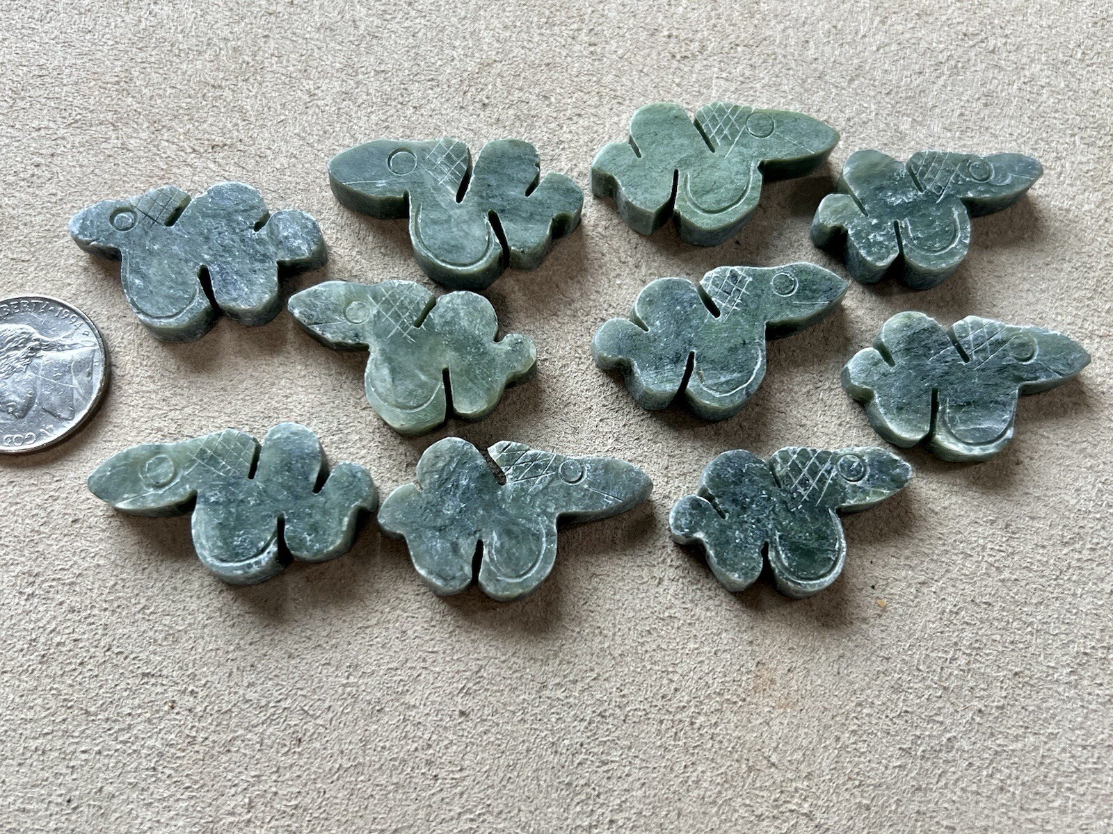 10 Carved Green Stone Snake Pendants No Hole New Old Stock Lot Jewelry Making