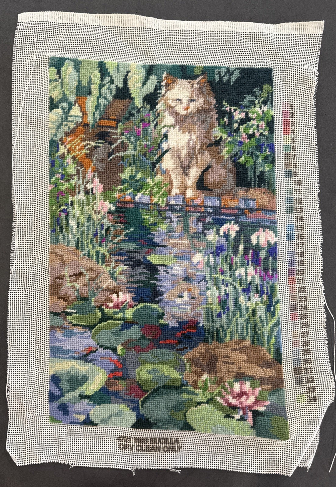 Bucilla Needlepoint #4721 Reflections Completed Cat Lily Pond Flowers Vintage 96