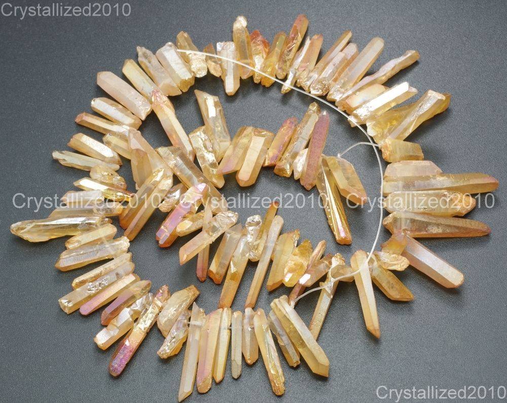 Metallic Titanium Coated Natural Quartz Crystal Stick Spike Pointed Beads 16”