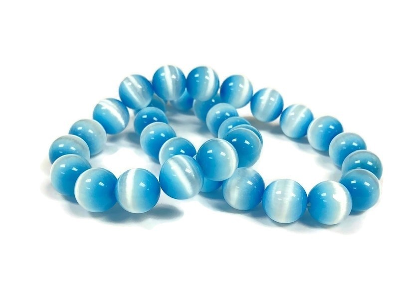 30 Cat’s Eye Fiber Optic Glass Light Carpi Blue 12mm. Smooth Round Beads 2618