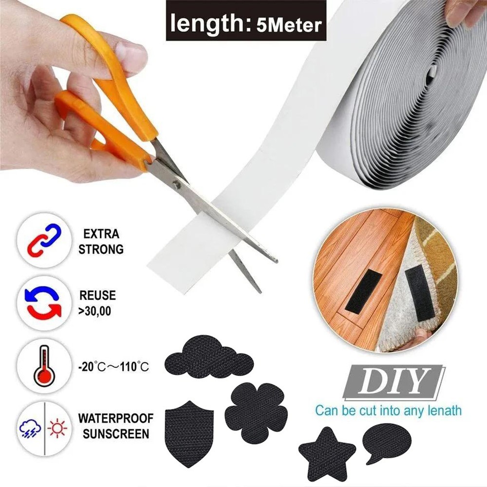 16.5ft Hook Loop Self Adhesive Fastener Tape Heavy Duty Double Sided Sticky Tape