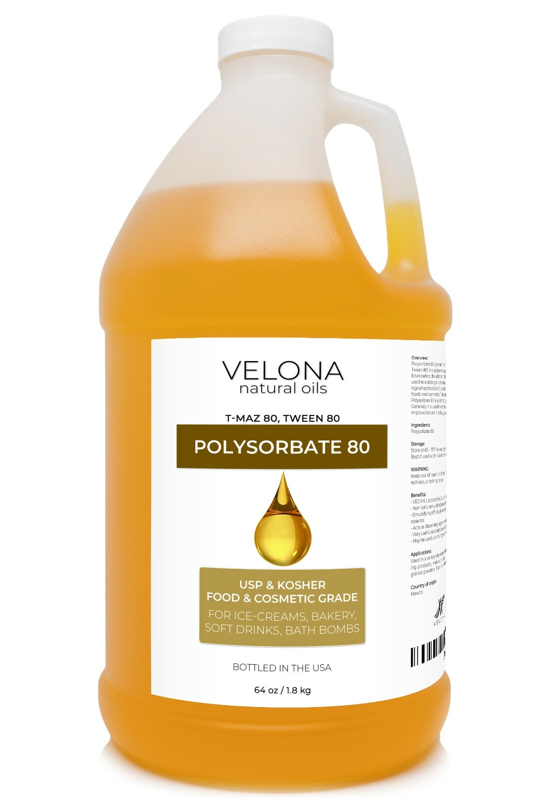 Polysorbate 80 by Velona – 64 oz Solubilizer, Food Cosmetic Grade Cooking, Bath