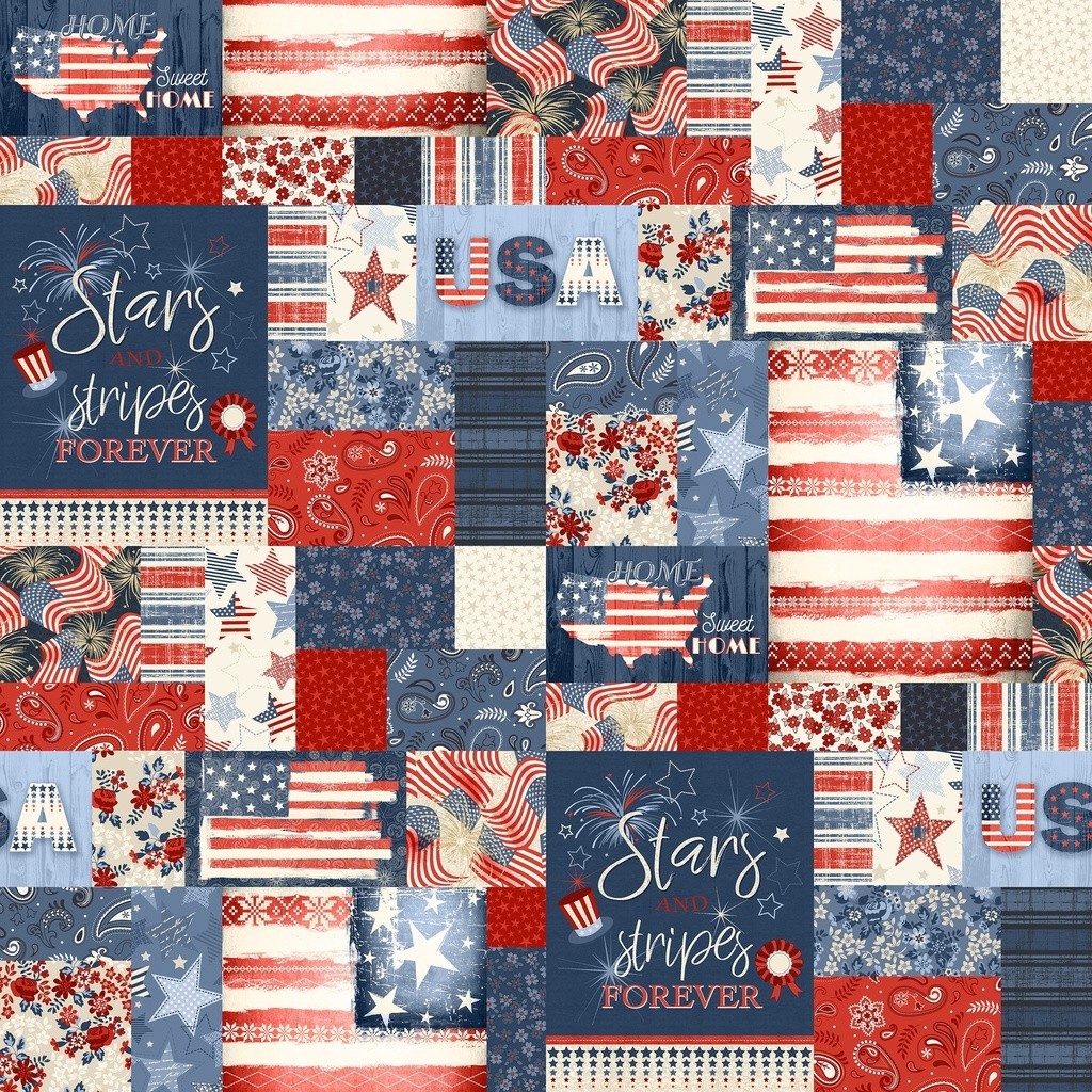 Patriotic Collage 108″ wide backing – 1 yard price! – Continuous yards available