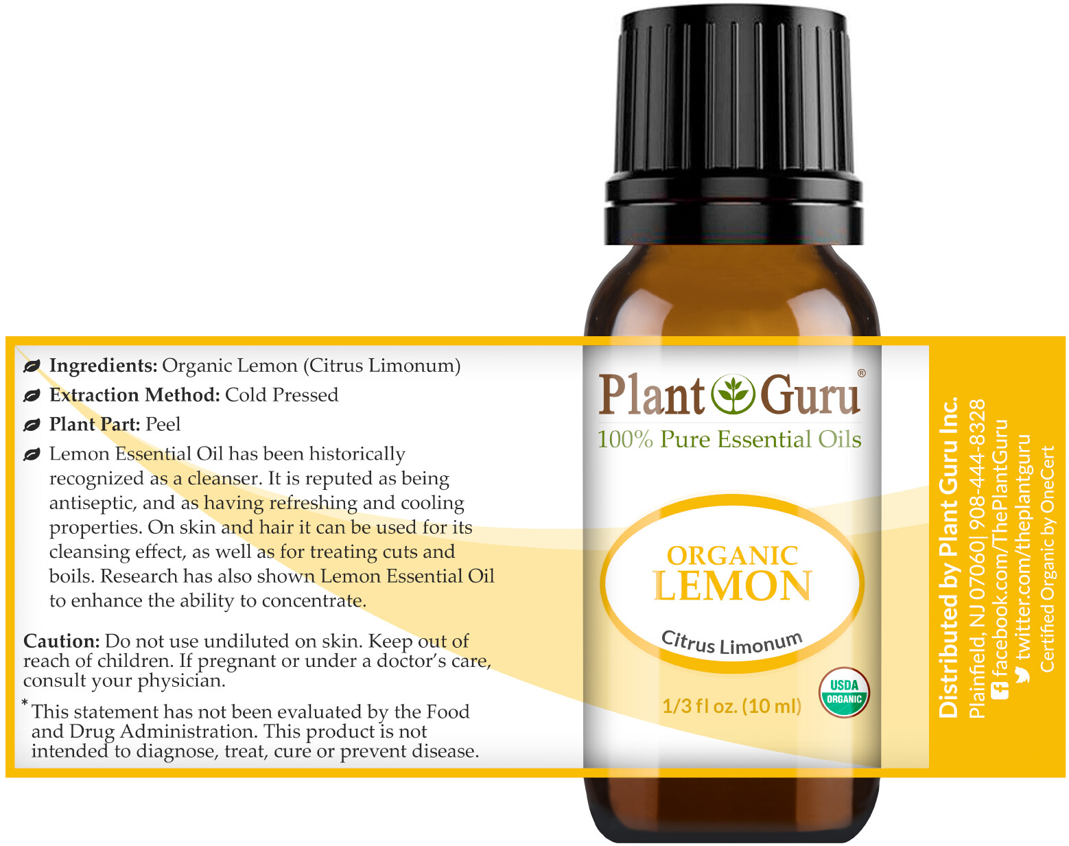 Organic Lemon Essential Oil 10 ml. USDA Certified Therapeutic Grade 100% Pure