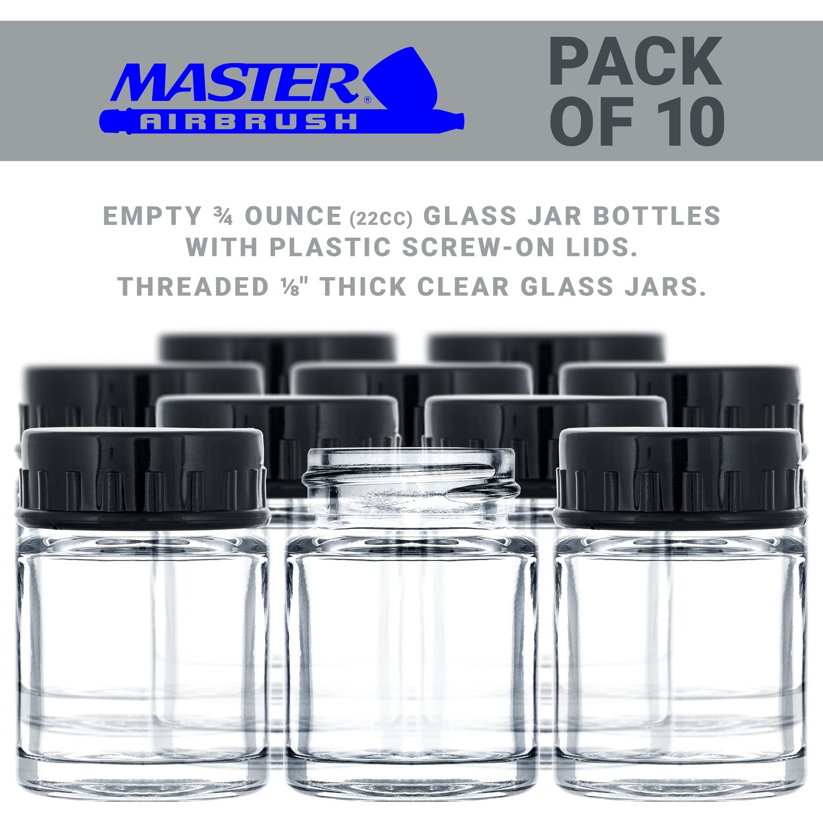 10pk Airbrush 3/4oz Glass Jar Bottles with Plastic Lids, Store Paint Siphon Feed