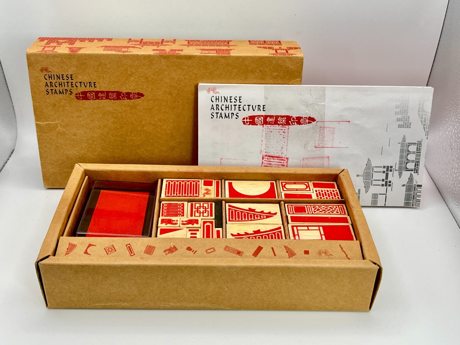 X JOY DESIGN Chinese Architecture Ink Stamps Wood Rubber Stamp Set Box Complete