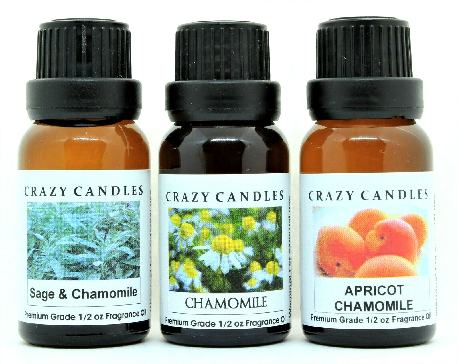 3 Oil Set Sage & Chamomile, Chamomile, Apricot Chamomile 1/2oz Crazy Candles