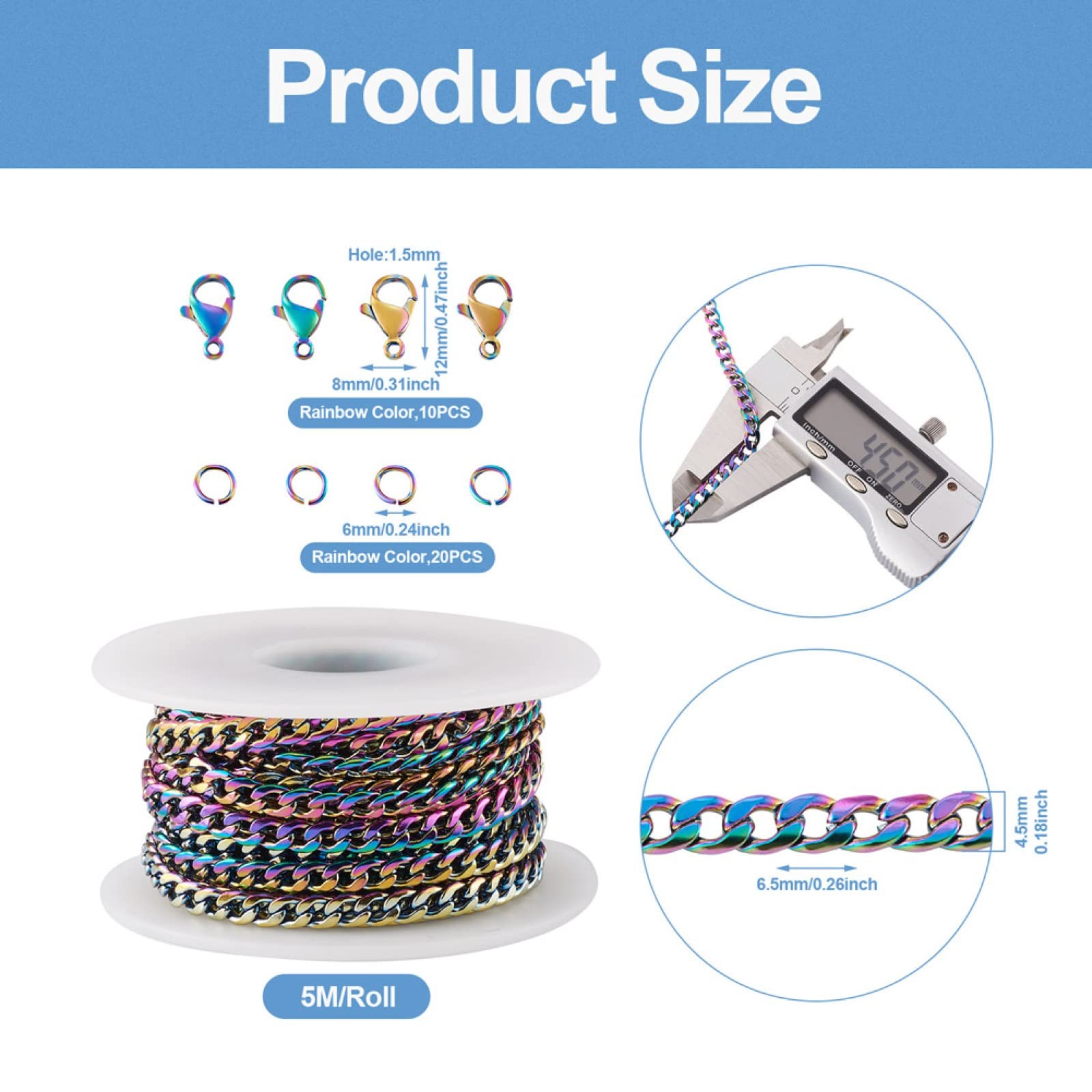 Mega 6.5×4.5mm, Rainbow Curb Chain with Jump Rings and Lobster Claw Clasps