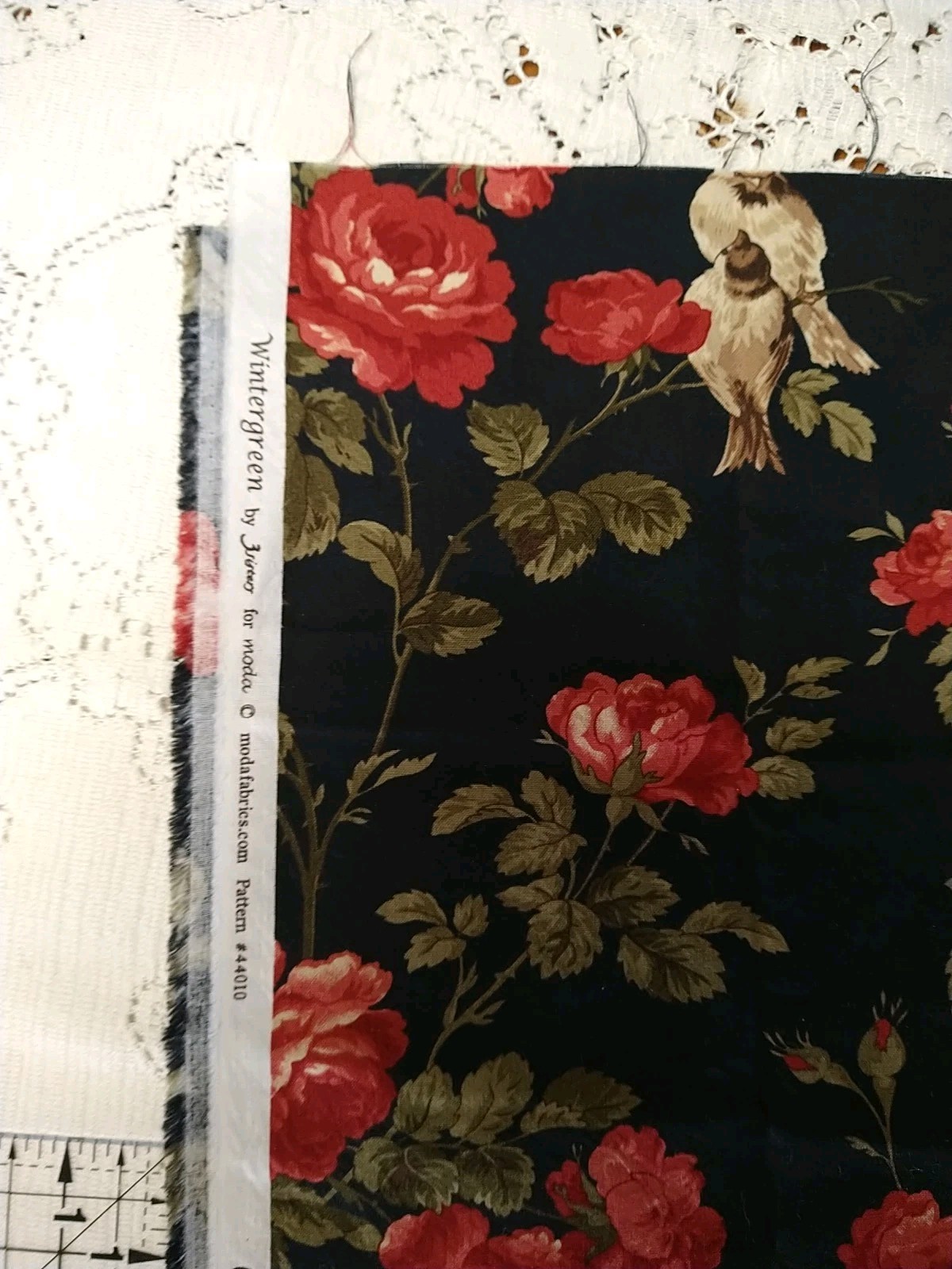 Wintergreen By 3 Sisters For Moda Black Floral Birds 22×42″ CUT #44010