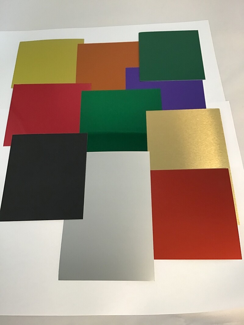 12 ANODIZED ALUMINUM SHEETS/ASSORTED COLORS AND SIZES/.008″ & .003″ 1145 ALLOY H
