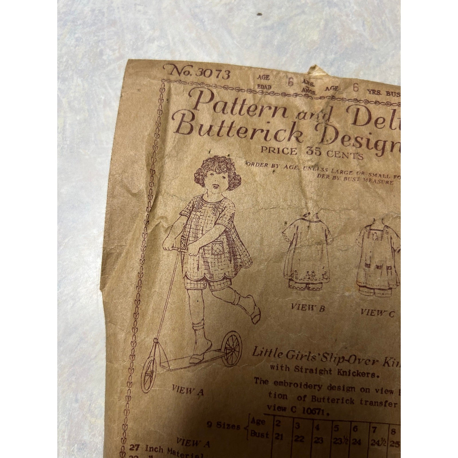 Antique 1920’s Butterick Pattern #3073 Little Girls’ Kimono Dress Size 6 Years