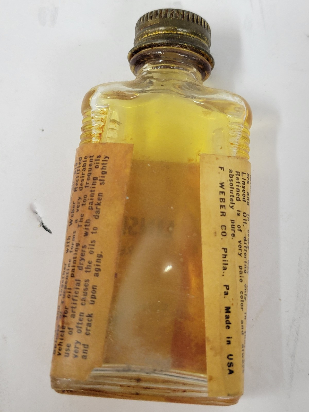 Partial 1/2 fl oz Bottle Artist’s Linseed Oil Vintage F Weber Co