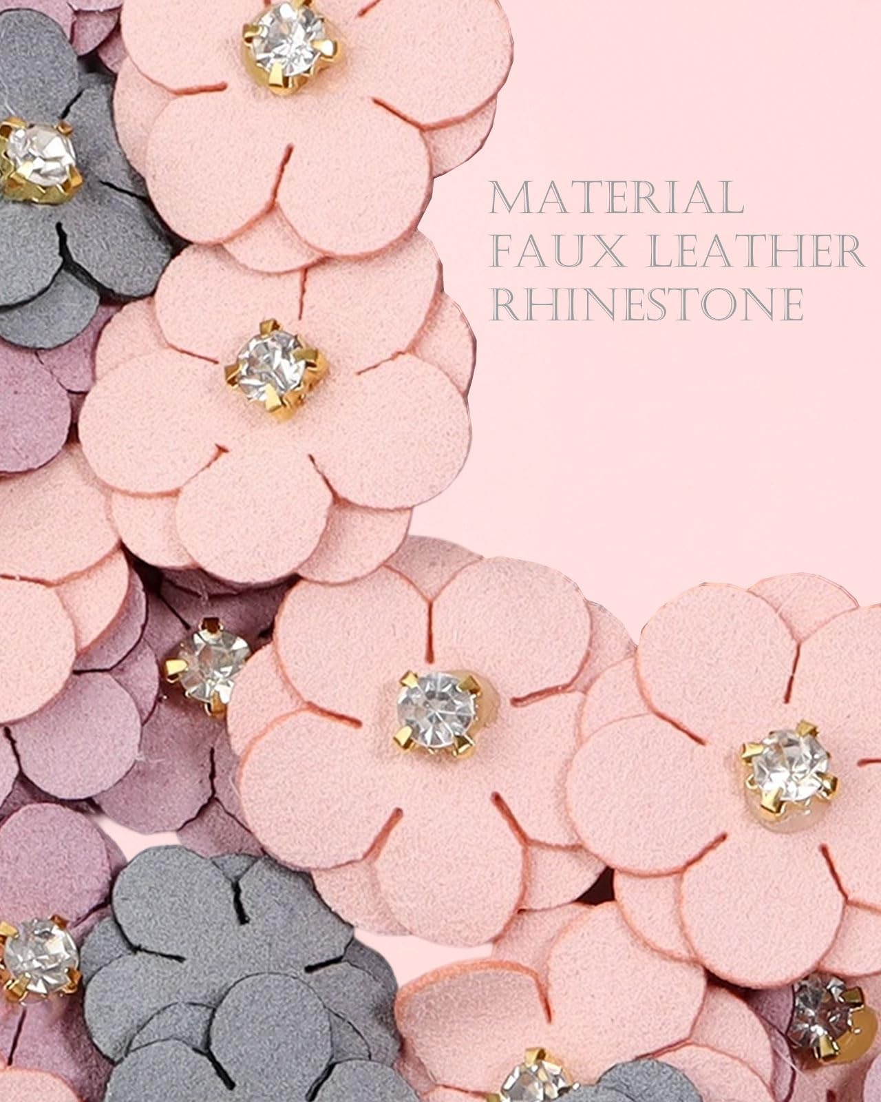60 Pack Assorted Colors Faux Leather Flower Appliques Rhinestones Craft