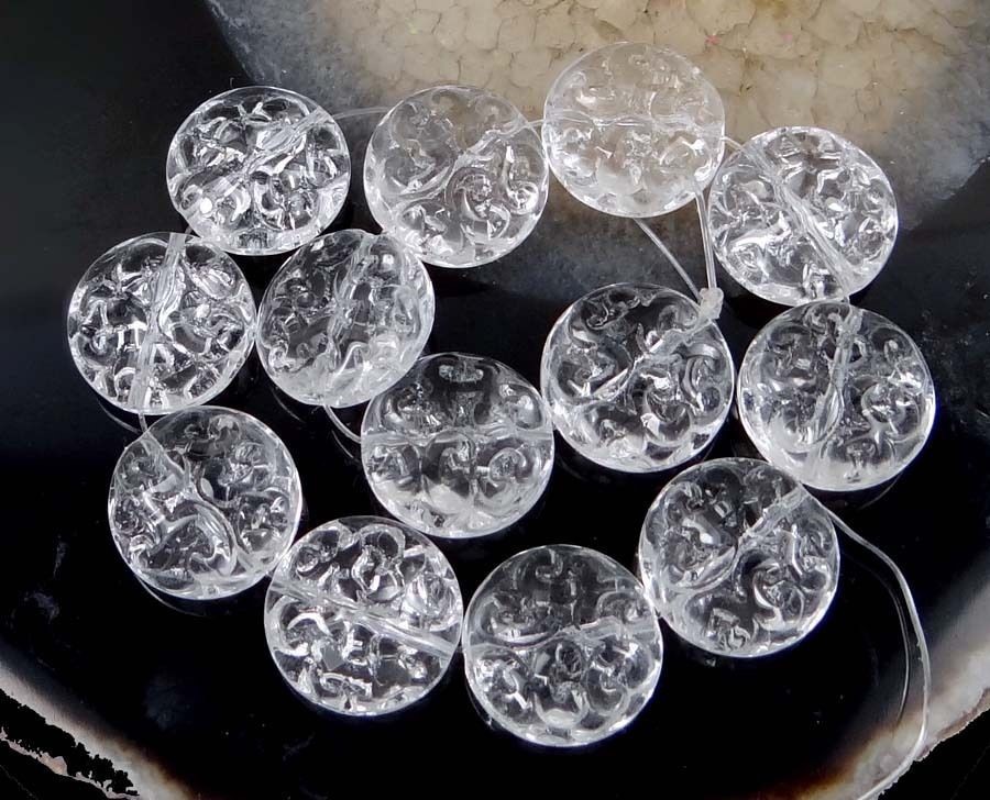 Czech Pressed Glass Carved pattern Disc Beads – Crystal (13)
