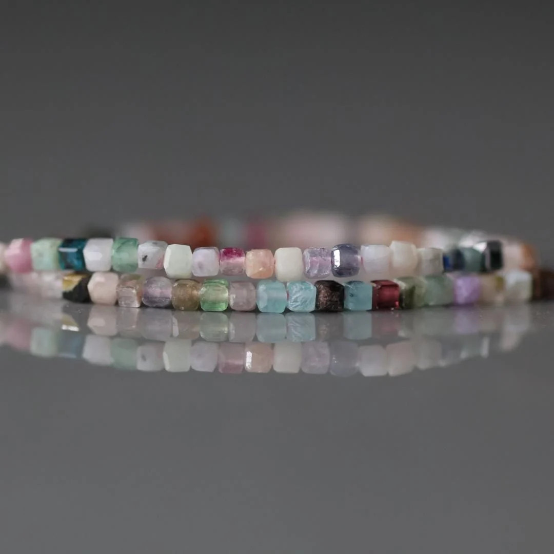 Colorful Multi Gemstone Cube Beads 1.8mm 15″ – Tiny Natural Gemstone