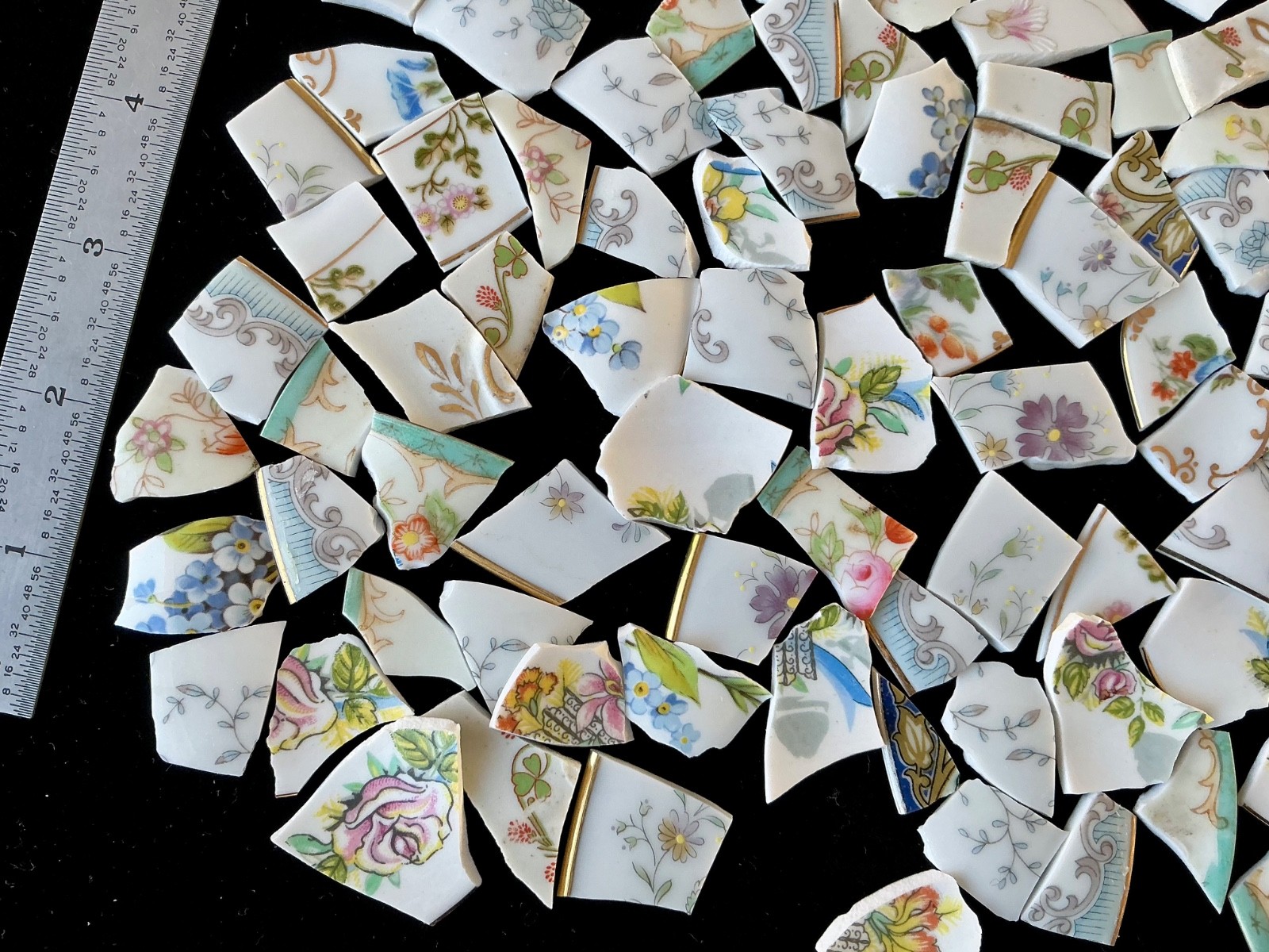 Broken China Mosaic Tiles Multicolored Pastel Florals Blue Trim 90+ Pieces SetN