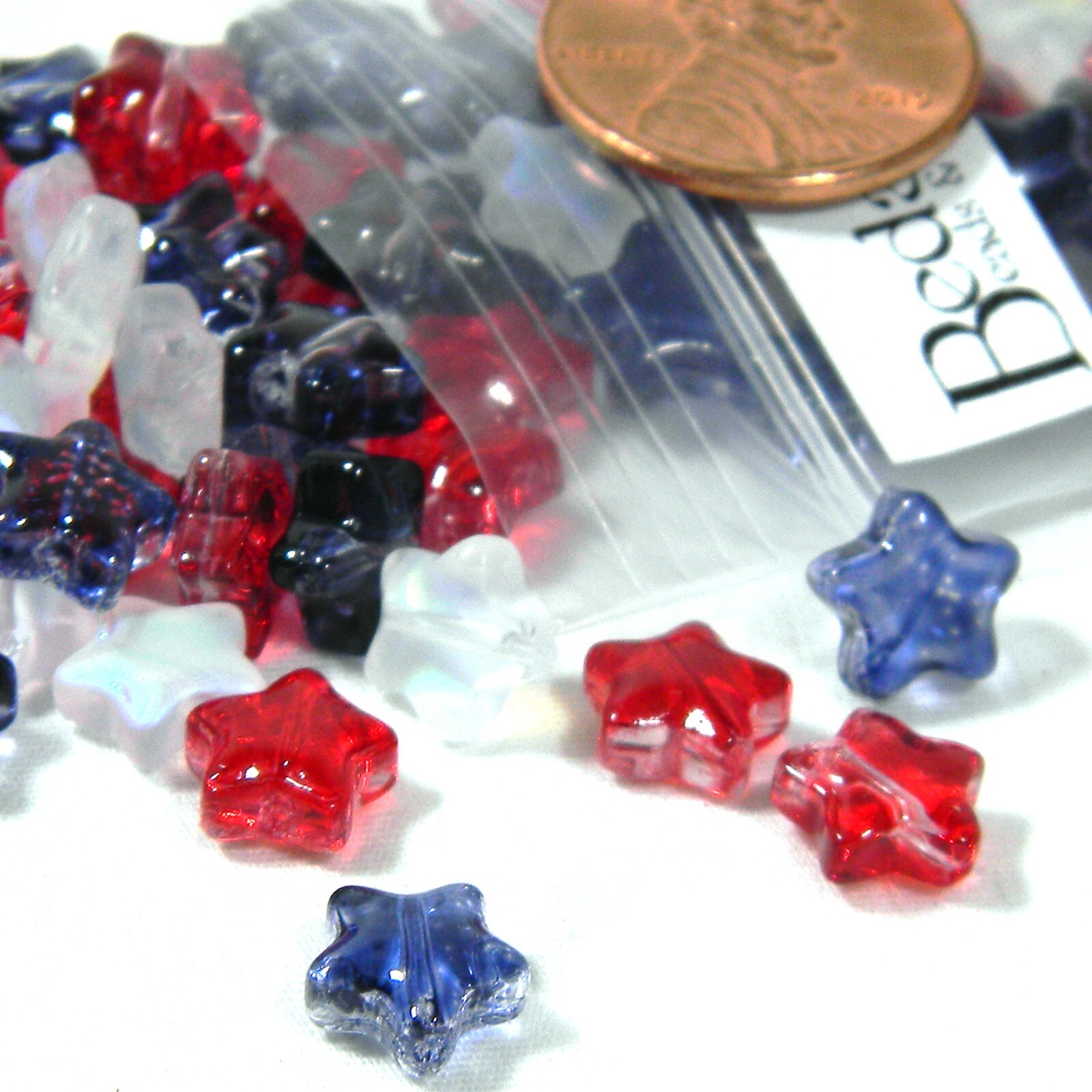 100 Patriotic White AB and Red & Blue Beads USA Flag Theme Glass Star 8mm Beads