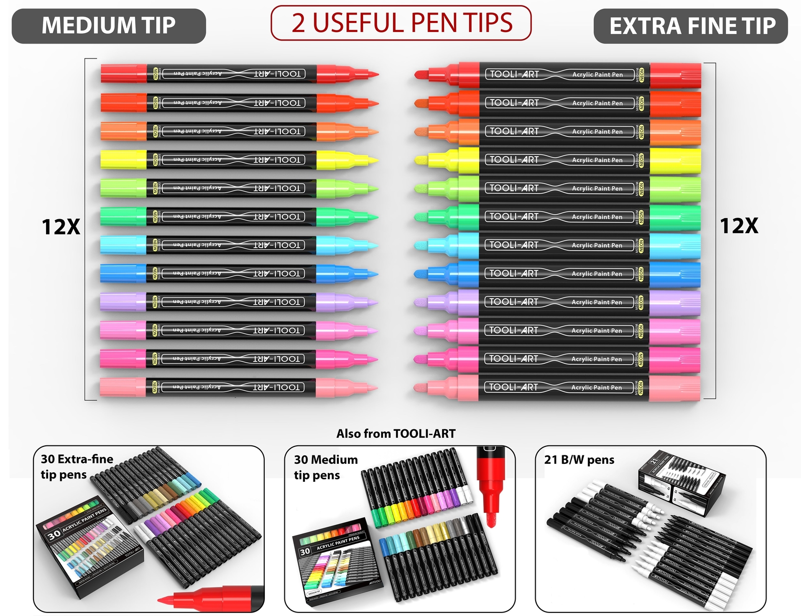 TOOLI-ART 24 Neon Fluorescent Acrylic Paint Pens Set (EXTRA FINE + MEDIUM)