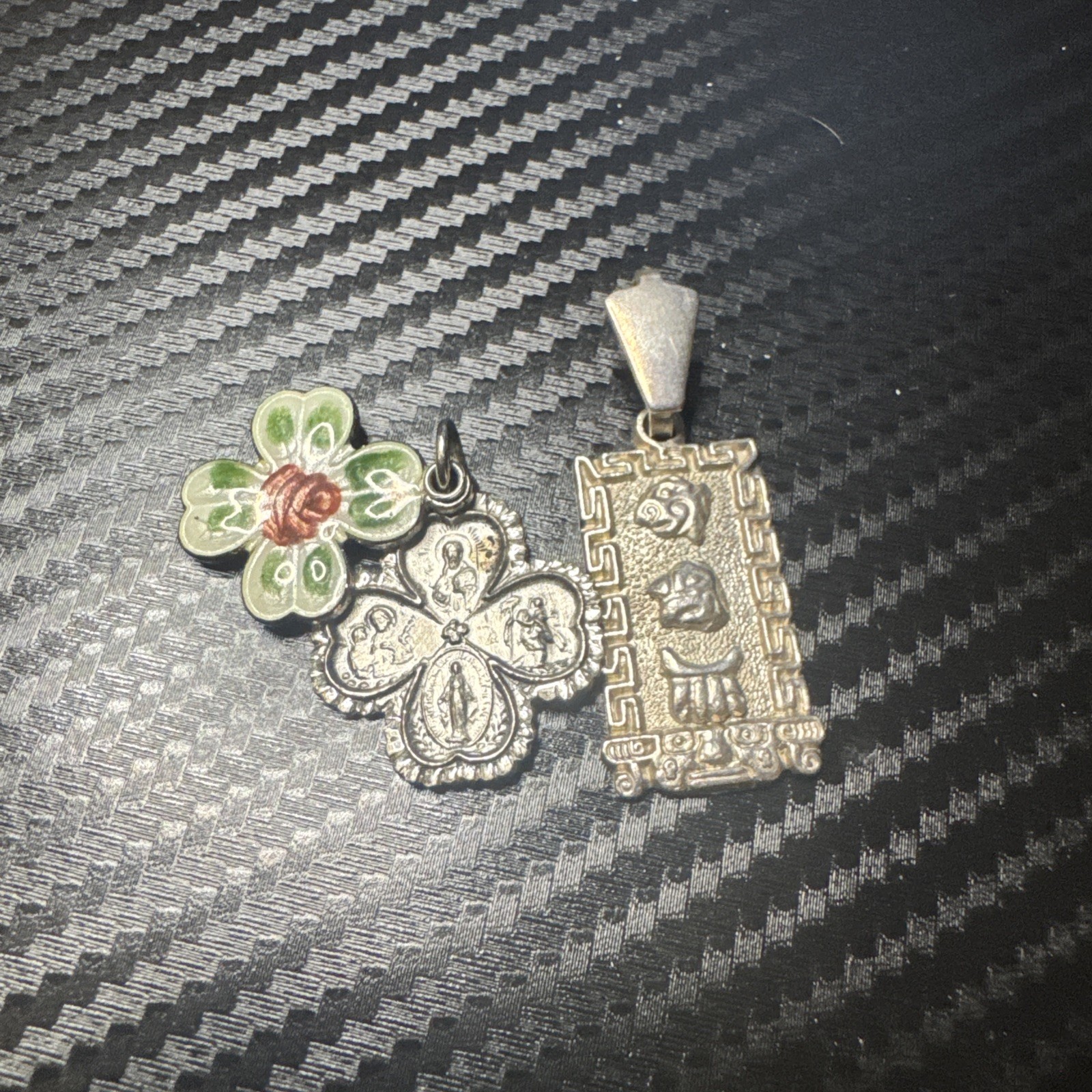 Sterling Silver Charm Pendant Medals – 4-Way Clover & Mayan Hieroglyphic Symbols