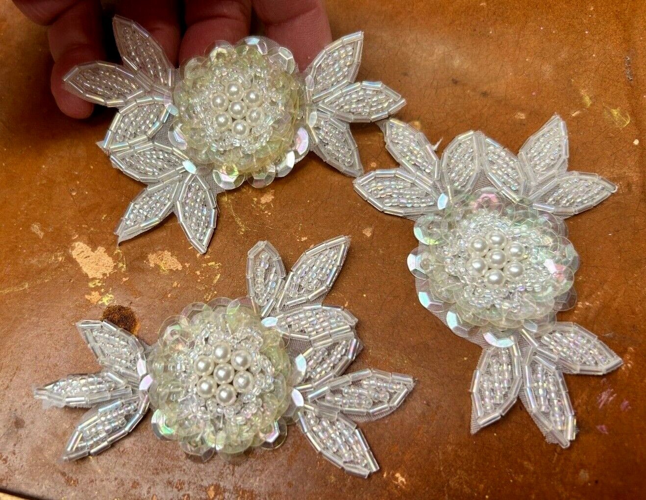 applique 2.5×3.25″ flower leaves beads sequins pearls hand sewn white ivory 1pc