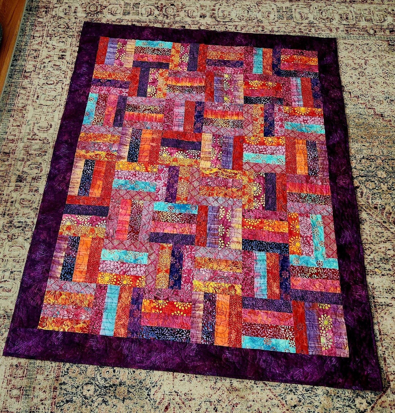 Homemade Quilt 52″ x 67″ Rail Fence pattern Modern BATIKS