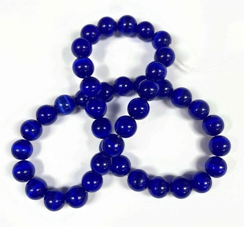 38 Cat’s Eye Fiber Optic Glass Muted Sapphire 10mm. Smooth Round Beads 2588