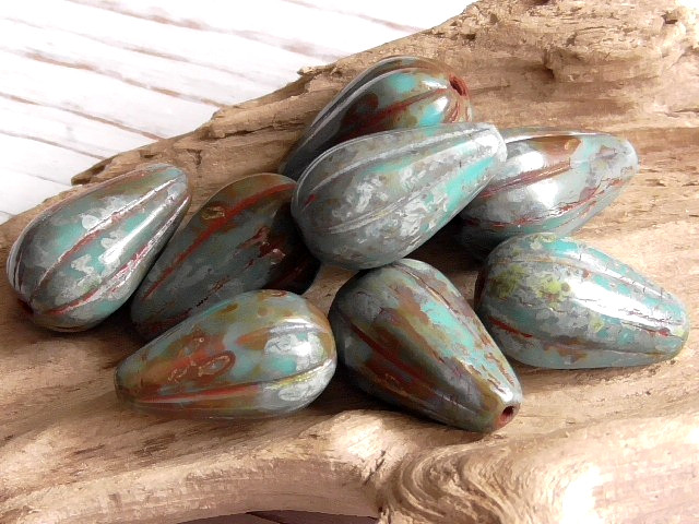 8 – 13x8mm CZECH TURQUOISE TERRA COTTA PICASSO MELON DROP FLUTED TEARDROP BEADS