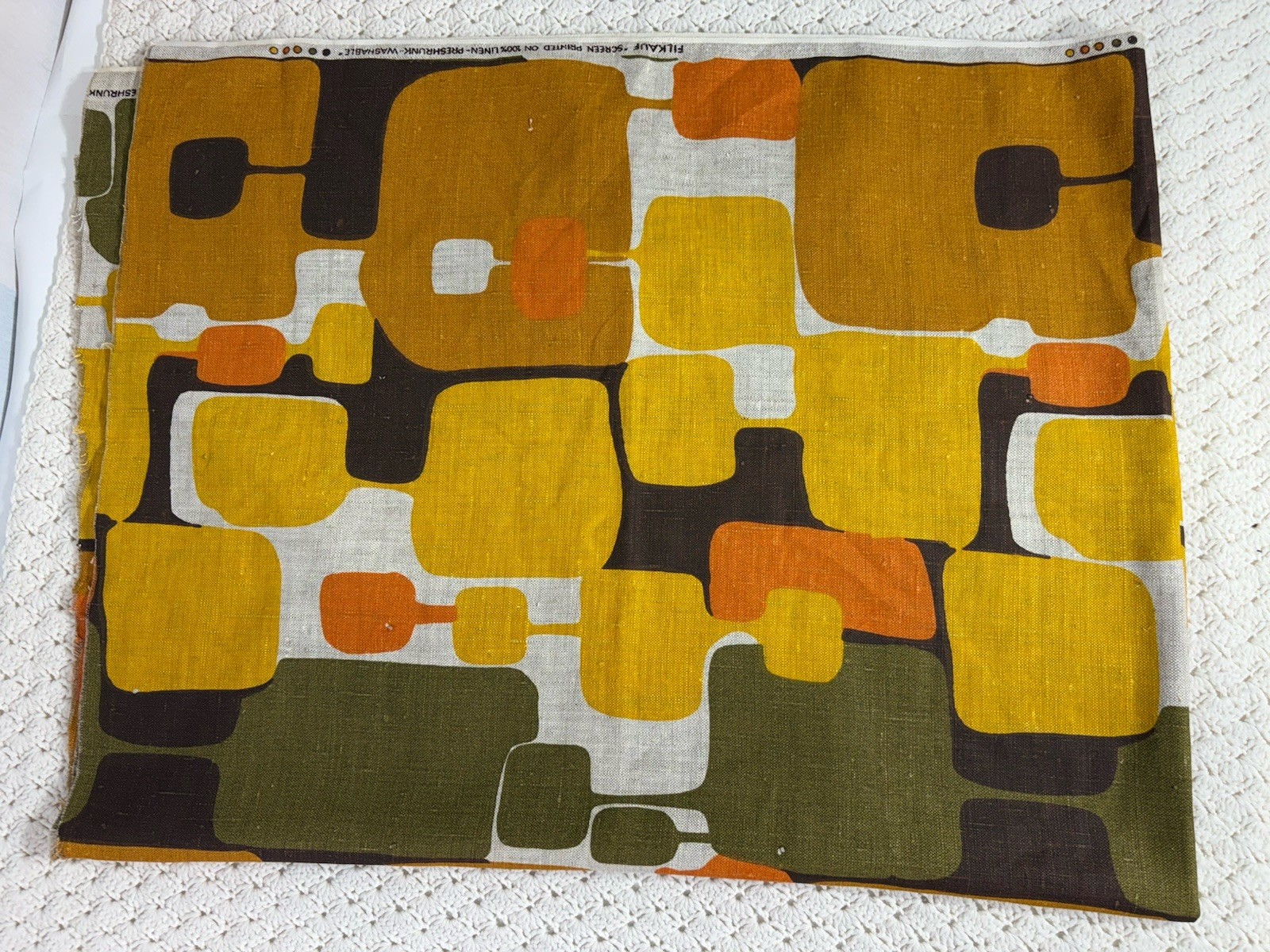 Vintage Filkauf Screen Printed Linen Fabric MCM Retro Orange Brown 100% Linen